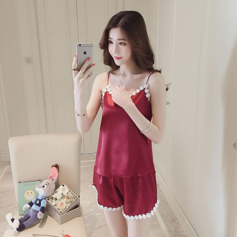 Summer Women 2 PCs Silk Sleeveless Sling Nightwear Casual Pajamas Set