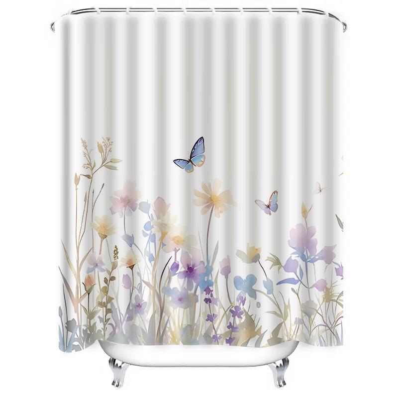 Elegant Flower Butterfly Design Waterproof Heat Resistant Machine Washable Shower Curtain Complimentary Hook Nordic Minimalist