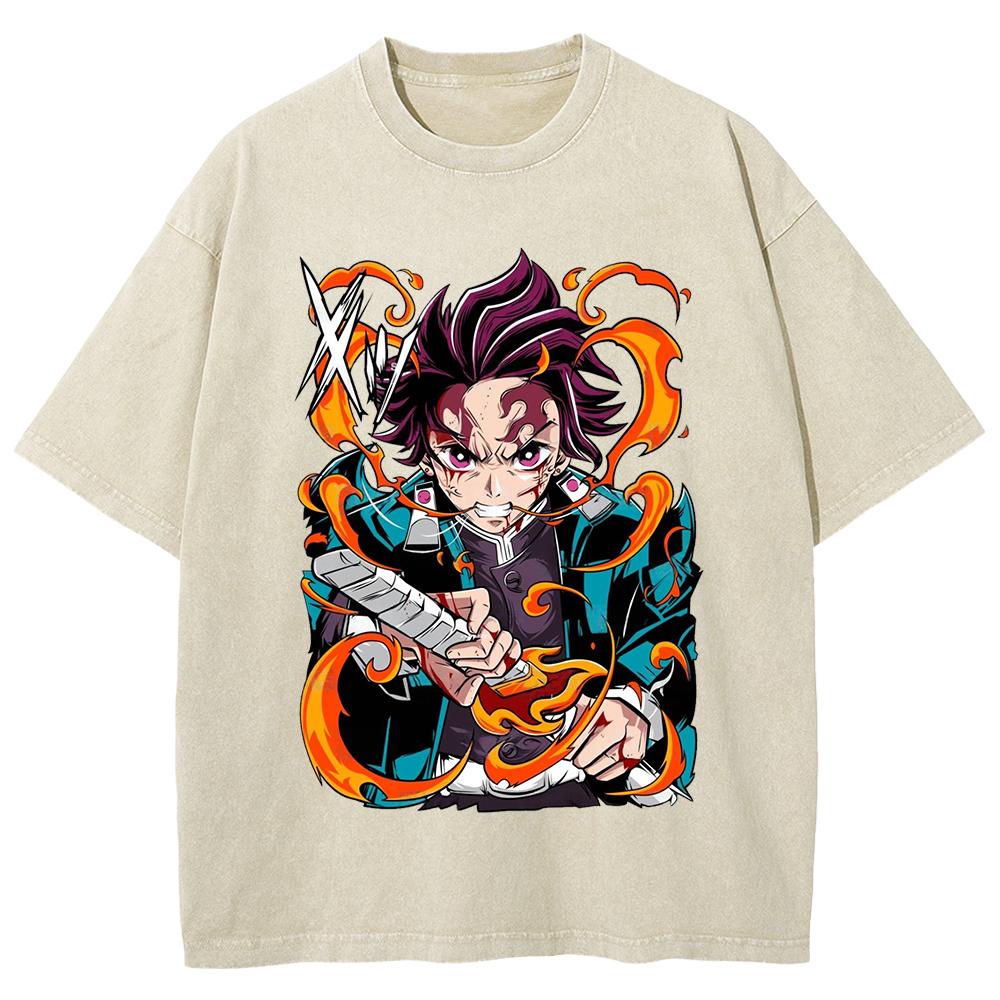 Anime Demon Slayer Kamado Tanjirou Printed Tshirt Men Manga Cotton T-shirts Vintage Washed Tee Harajuku Male Oversized T Shirt
