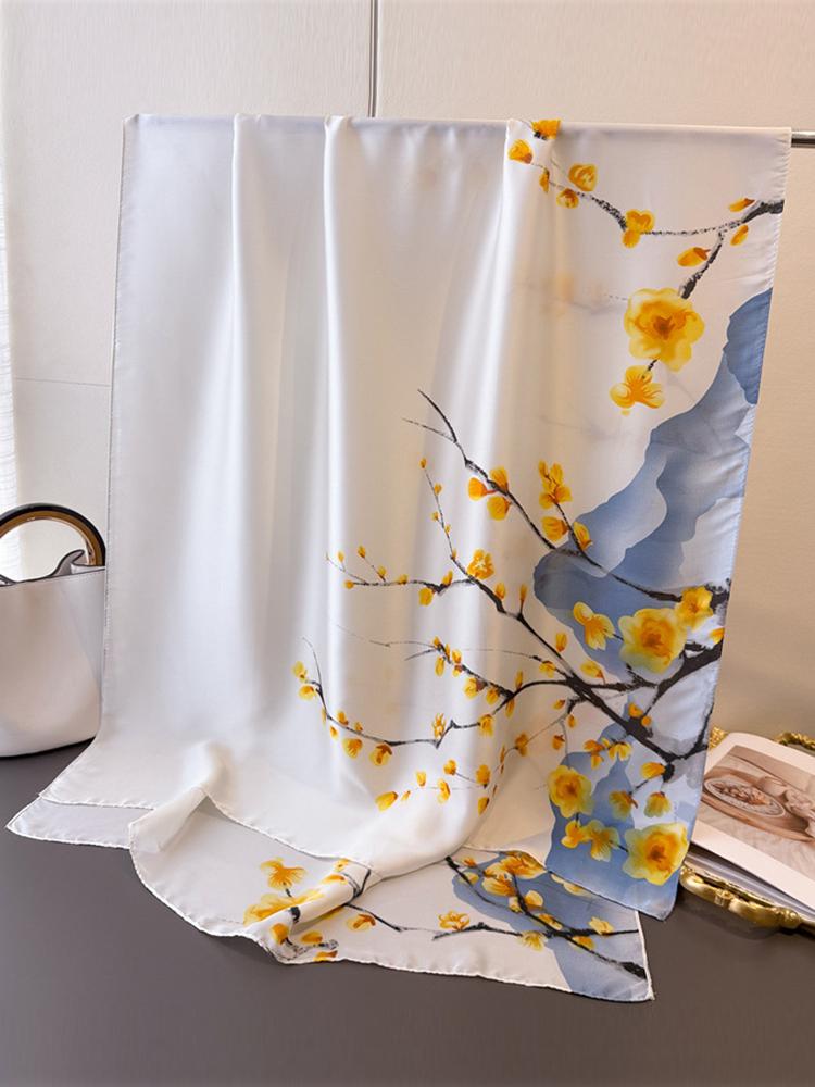 Elegant Women Satin Silk Scarf Beach Wrap Shawls Floral Print Sunscreen Bandanas Hijab Mujer Scarve Pareo Casual Chinese Style