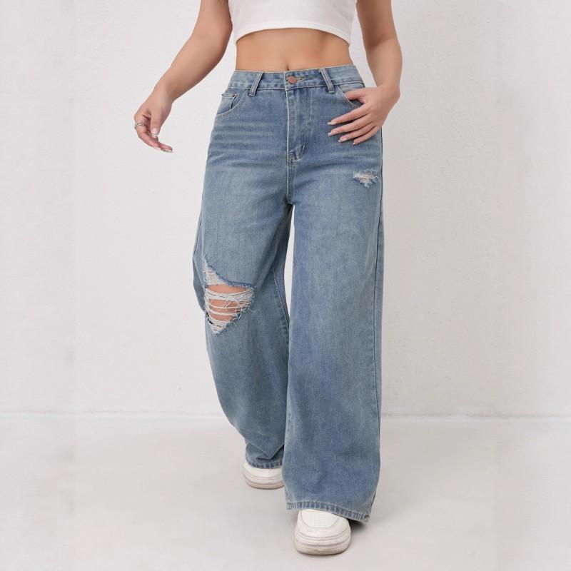 

Worn-out Wide-leg Jeans Women s High-waist Loose Denim Pants Slim Clothing XS светло-синий