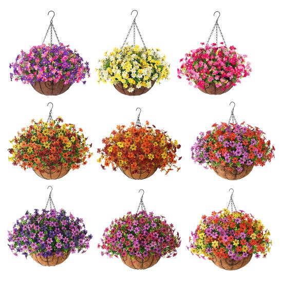 Yousheng Artificial Hanging Flowers Basket UV Resistant Outdoor Fake Hanging Plants Colorful Faux Silk Flowers Eucalyptus In Basket for Porch Patio
