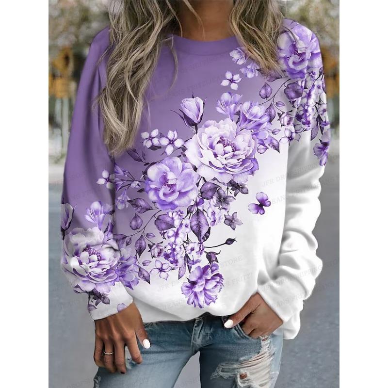 Women s fashionable 3D printed round neck long sleeved elegant sportswear XS