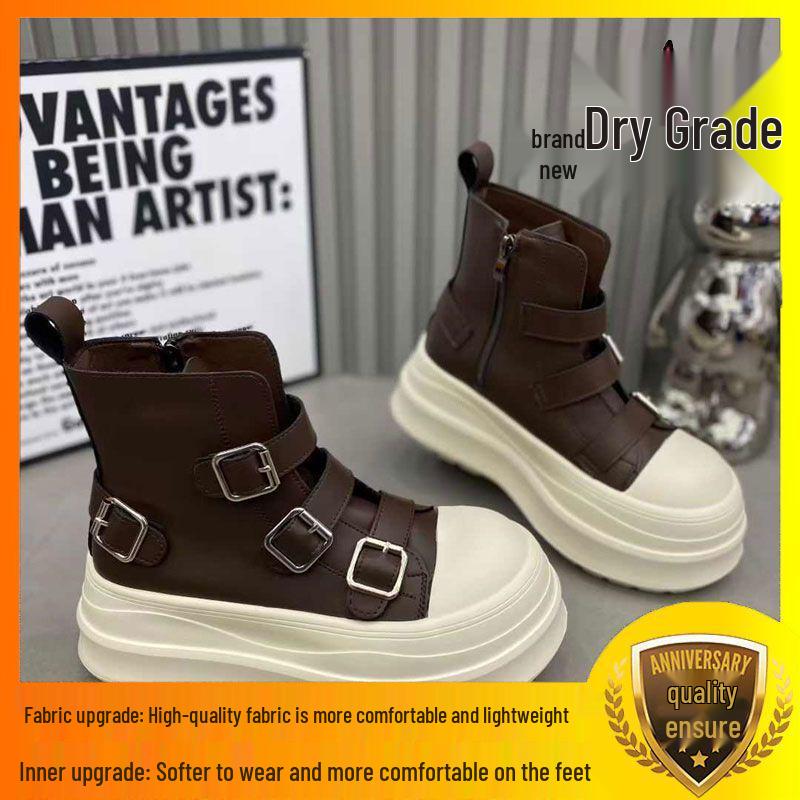 European-Style Genuine Leather Height-Increasing Women's Motorcycle Boots with Thick Sole and Buckle