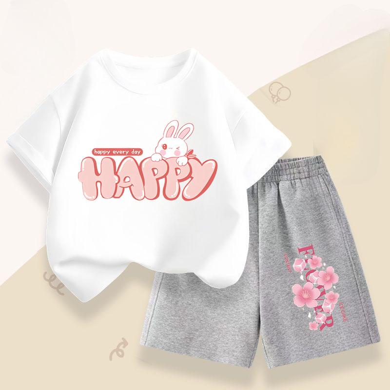 Summer Girls' Casual Set: Cute Rabbit Print Breathable T-shirt + Short-sleeved Pants Fashionable and Comfortable Set