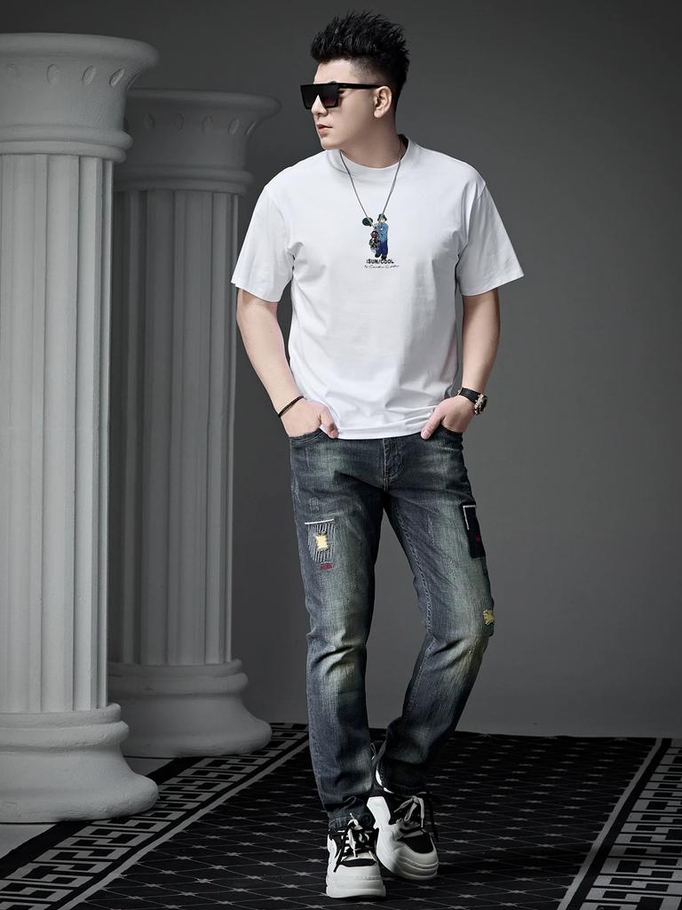 European Goods 2025 New Summer Trendy Brand Cartoon Embroidery Printed Short-Sleeved T-Shirt Men's Round Neck Top Half-Sleeved T-Shirt