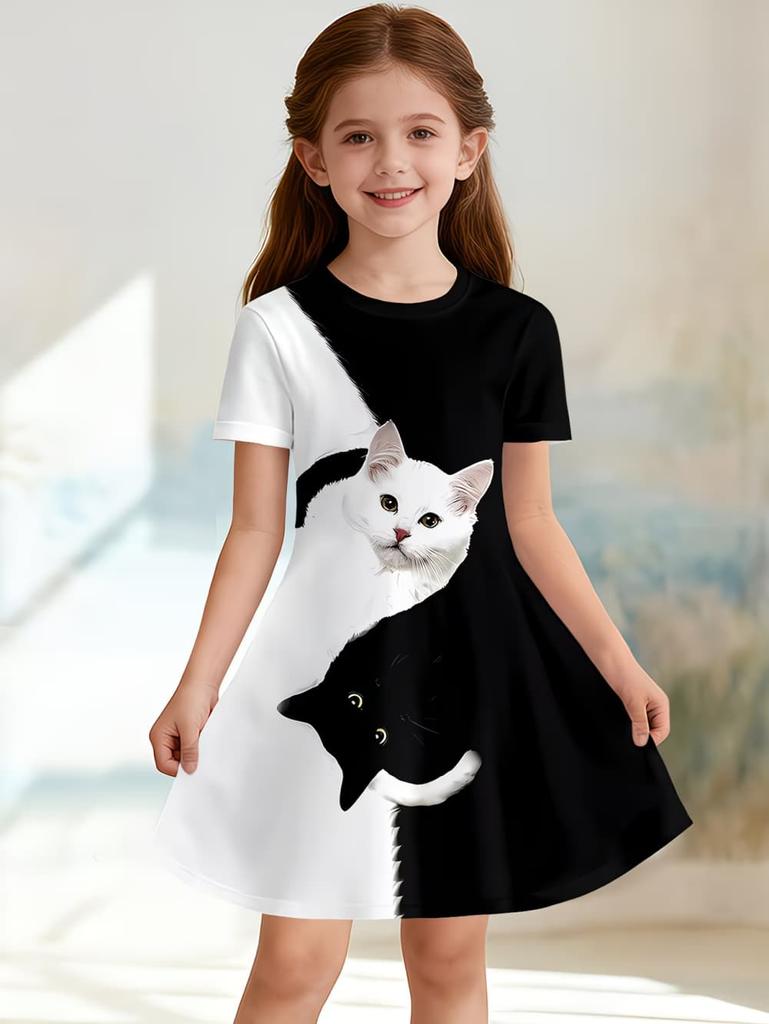 Girl Clothes Cartoon Cat Graphic Printed Girls' Princess Dress Summer Casual Dress for Girls Outfit O-Neck Birthday Gift Clothes