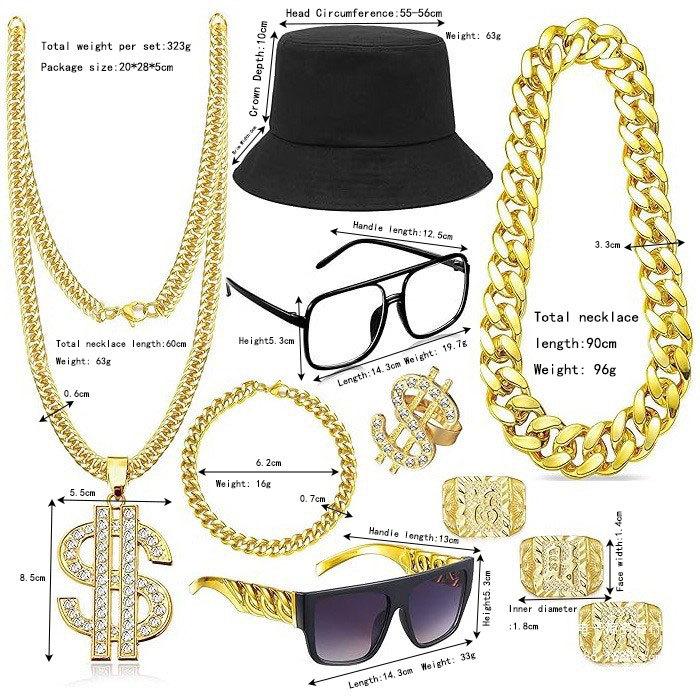Męski Zestaw Cosplay Hip-Hop Punk: Naszyjnik Dolarowy, Pierścionek, Kapelusz Bucket Hat i Okulary