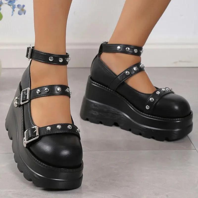 Womens Platform Shoes Punk Style Gothic Shoes Wedge Heeled Single Oes Fashion Leather Casual Footwear Thick Sole Mary Jane Shoes
