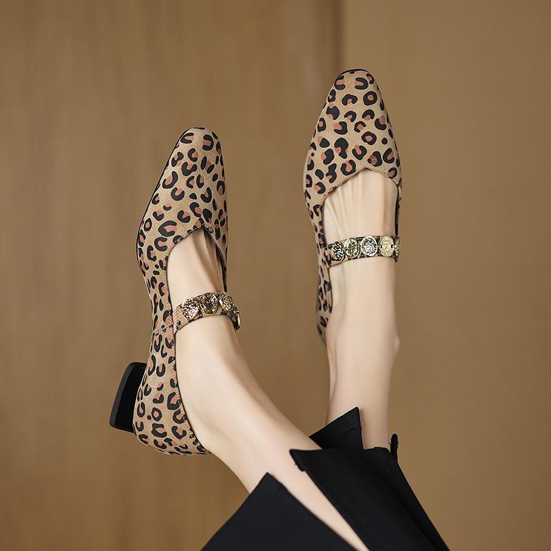 Fashion 2025 New Spring Mary Jane Shoes Genuine Leather Shoes for Women Fashion Leopard Print Square Toe Shallow Women Pumps Low Heels
