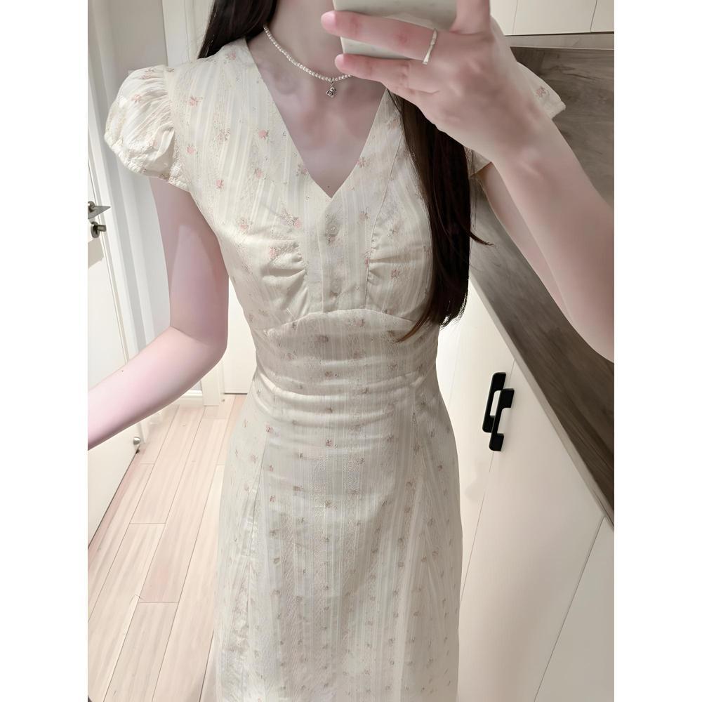 

White floral dress women s clothing summer versatile new small temperament beautiful dress XL- (recommended 110-60kg)