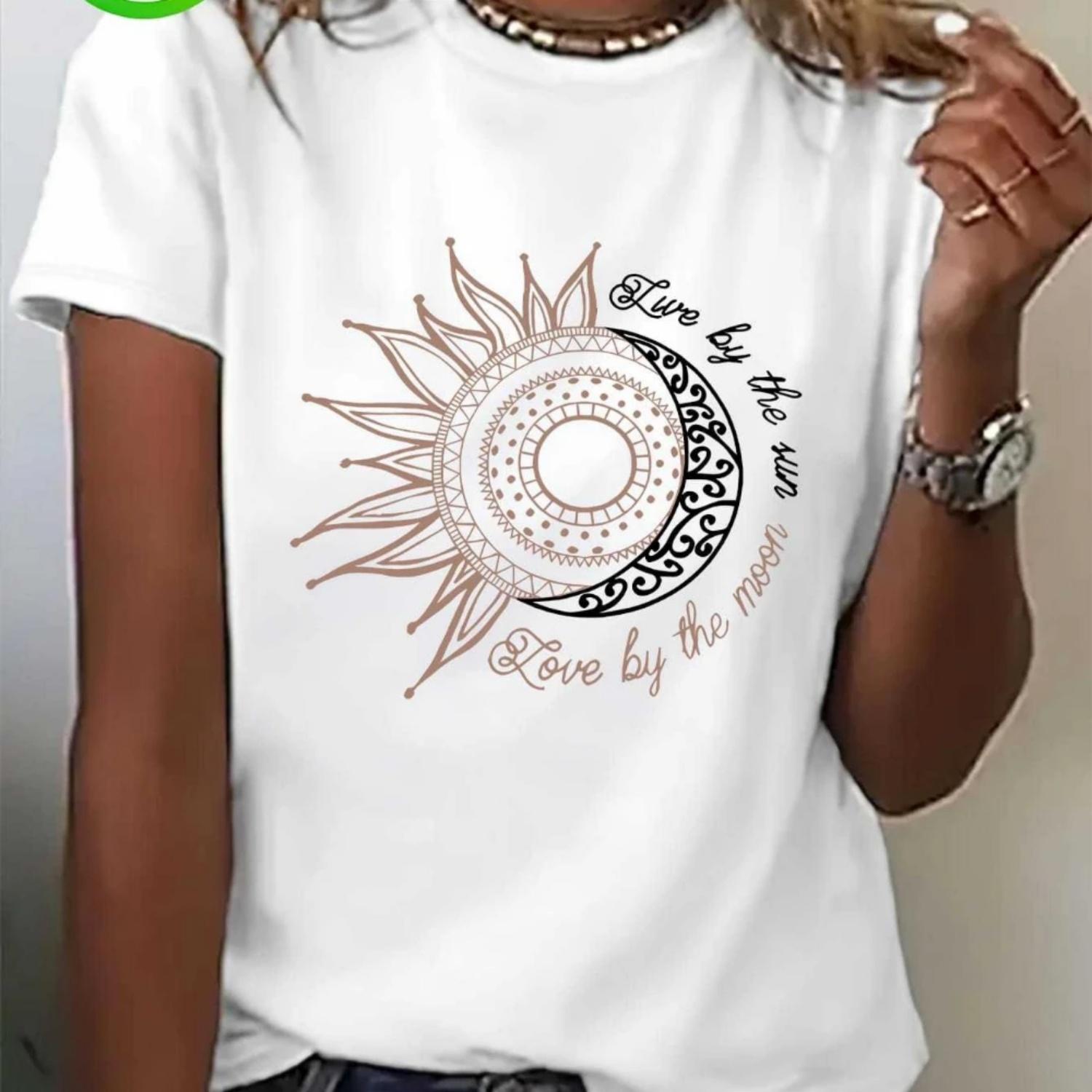 

Women S Casual Short Sleeve T-Shirt with Inspirational Sun and Moon Print Round Neck Fashion Top Ladies T Shirts XXXXXL
