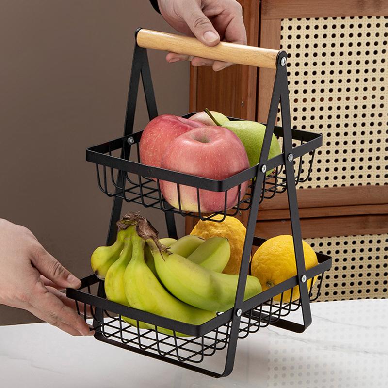

2-Tier Fruit Basket Iron Mesh Kitchen Storage Organizer with Handle Living Room Snack Holder Rack Black