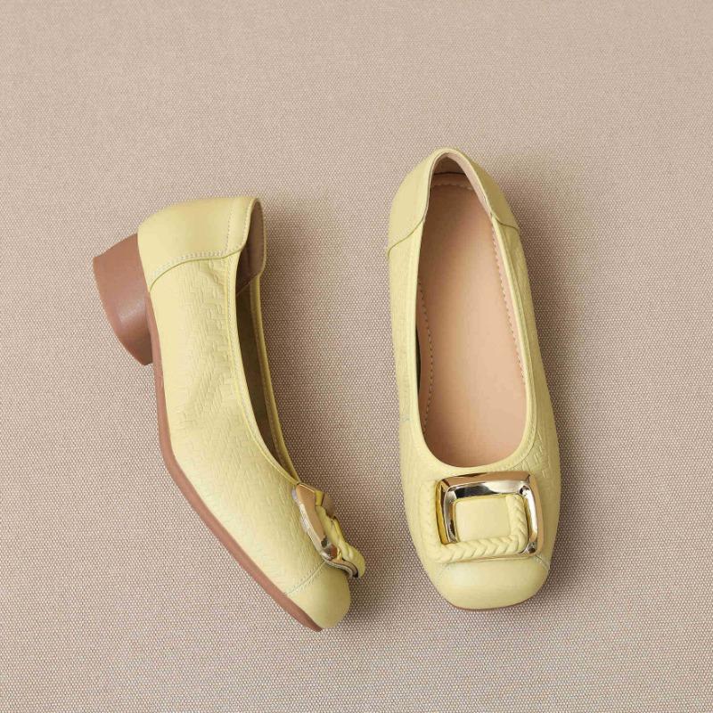 New soft-soled comfortable shallow-mouth single shoes women's shoes cowhide one-pedal single shoes square buckle flat shoes grandma shoes
