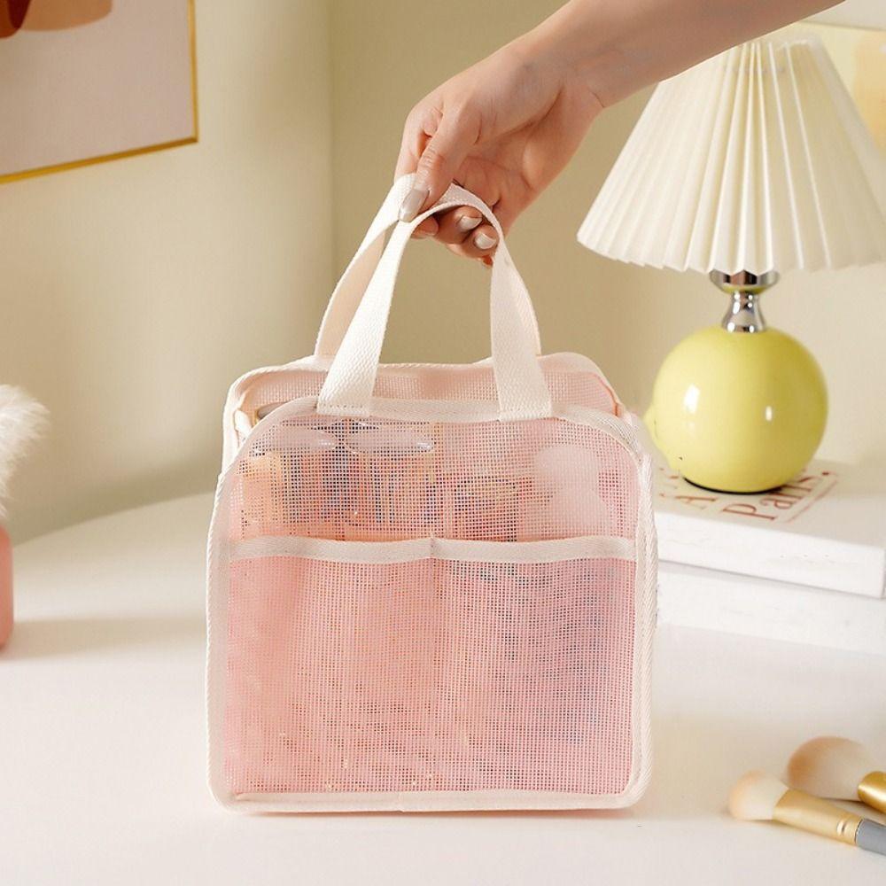 PVC Mesh Makeup Bag Solid Color Large Capacity Toiletry Storage Bag with Handle Lightweight Cosmetic Storage Bag Travel