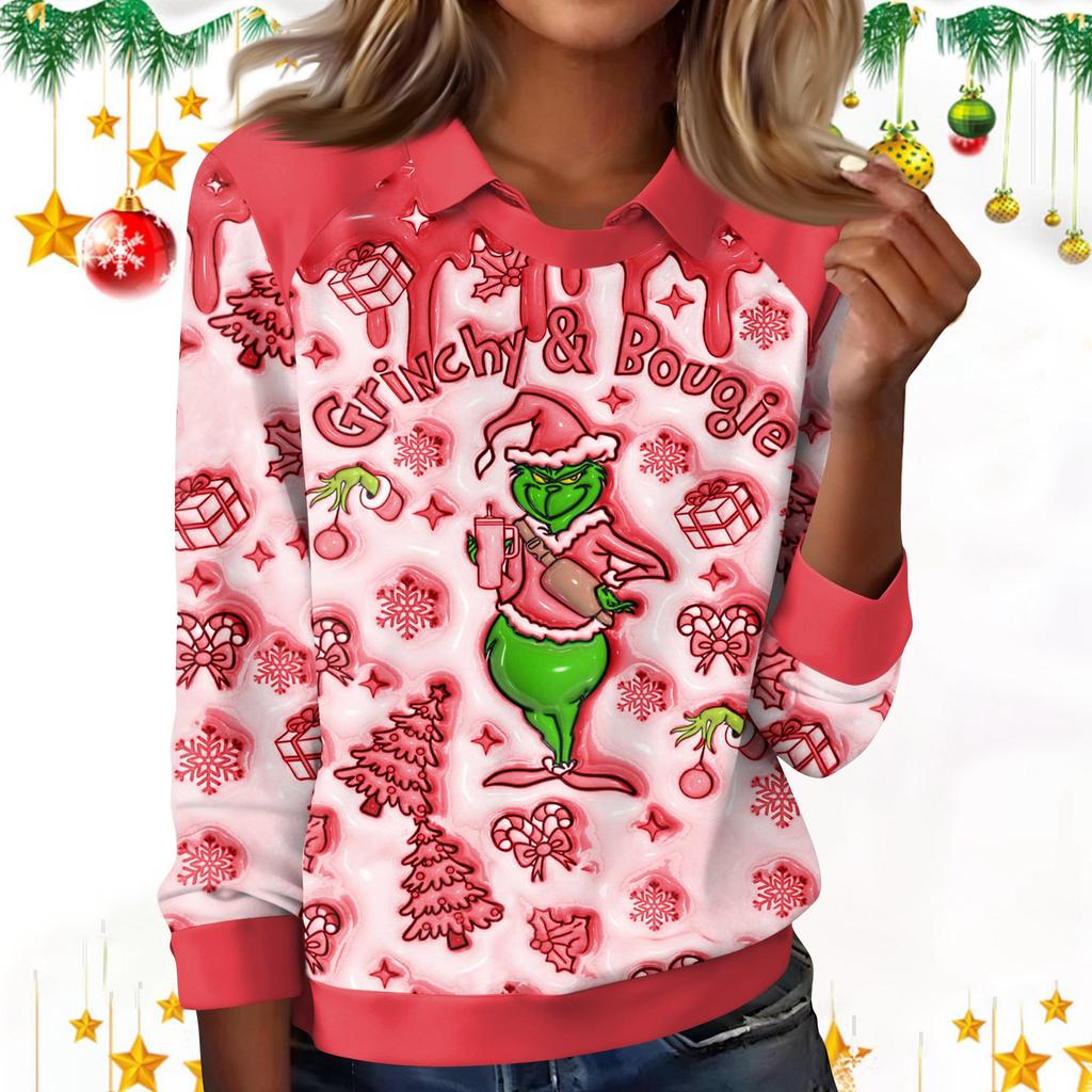 Damenmode Weihnachts-Print Revers Langarm Lässiges Rundhals-T-Shirt Top