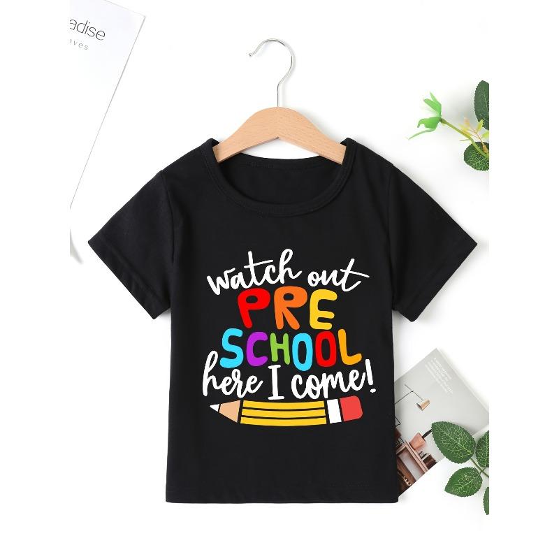 

European sizes Watch Out Pre-School Here I Come Girls T-Shirt - Cute Letter Print, Short Sleeve, Round Neck Summer Top for Youngsters 98cm чёрный