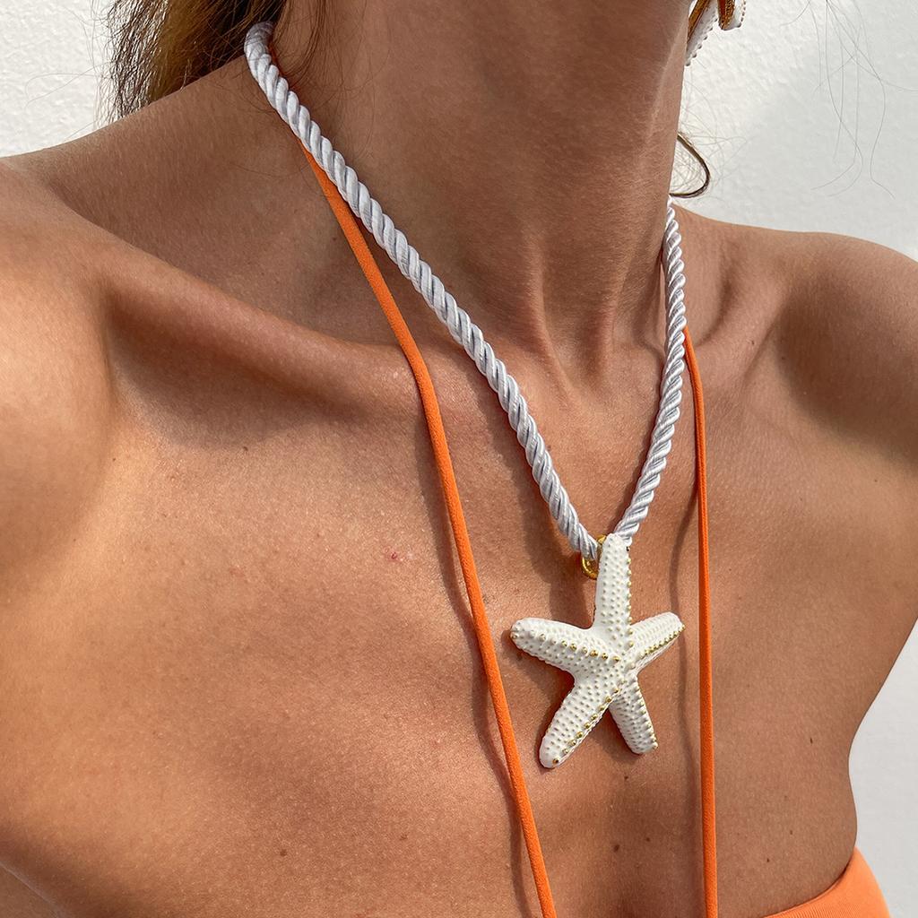 Holiday Style Metal Color Starfish Pendant Necklace Female, Beach Personality Star Thick Rope Necklace