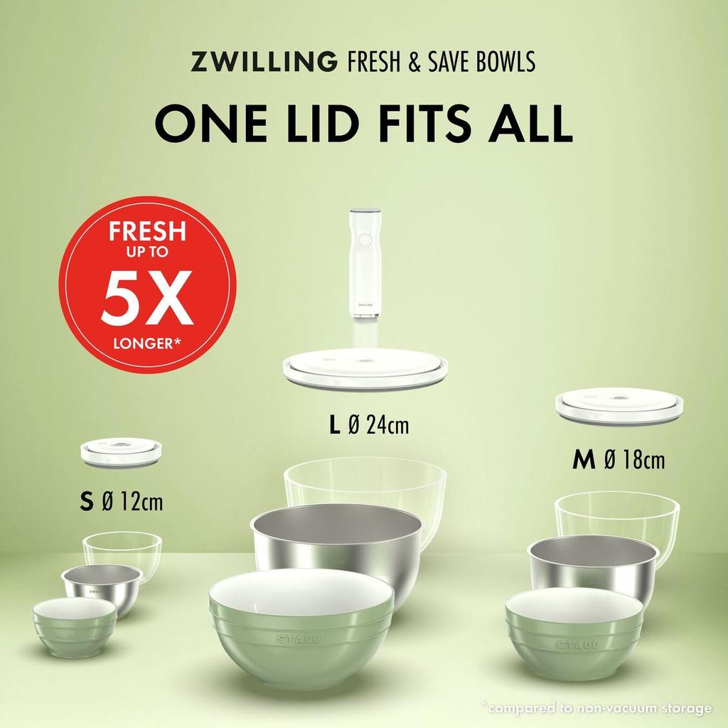 Zwilling Fresh Save Vacuum Sealer Set of Stainless with Airtight Nesting Japanese Fresh Save & Bowls, 3, S/M/L Steel, Lids, Heat-Resistant, Storage,