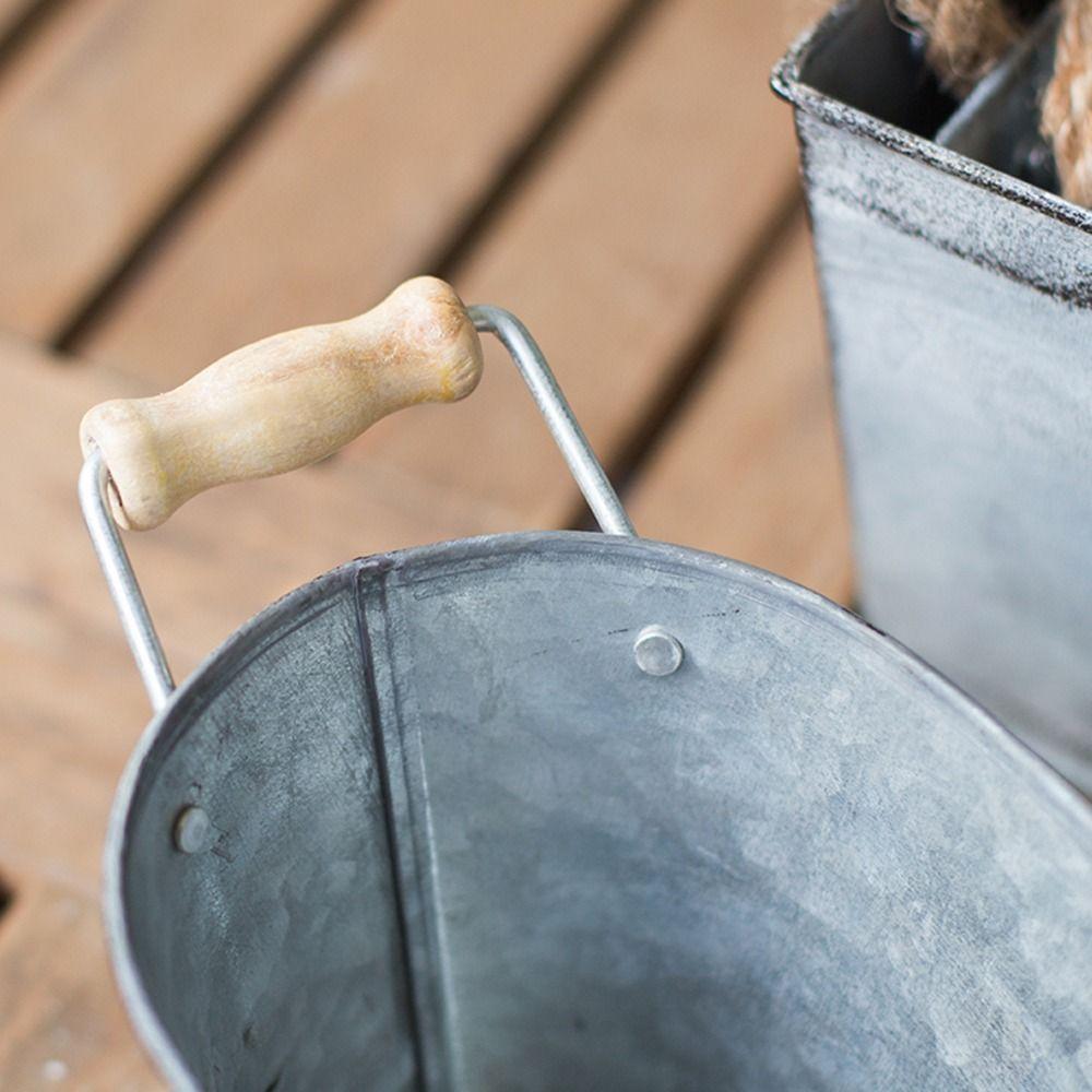 European Style Retro Flower Vase Rustic Wooden Flower Bucket Iron Oval Flowerpot  Storage