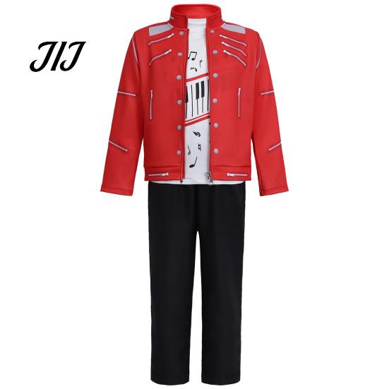Themenparty Kostüm 1 Set Retro Popstar für Jungen, 80er 90er Star Outfit Musik Thema Halloween Kostüm, Rote Jacke, Hemd und Hose Bühnenauftritt
