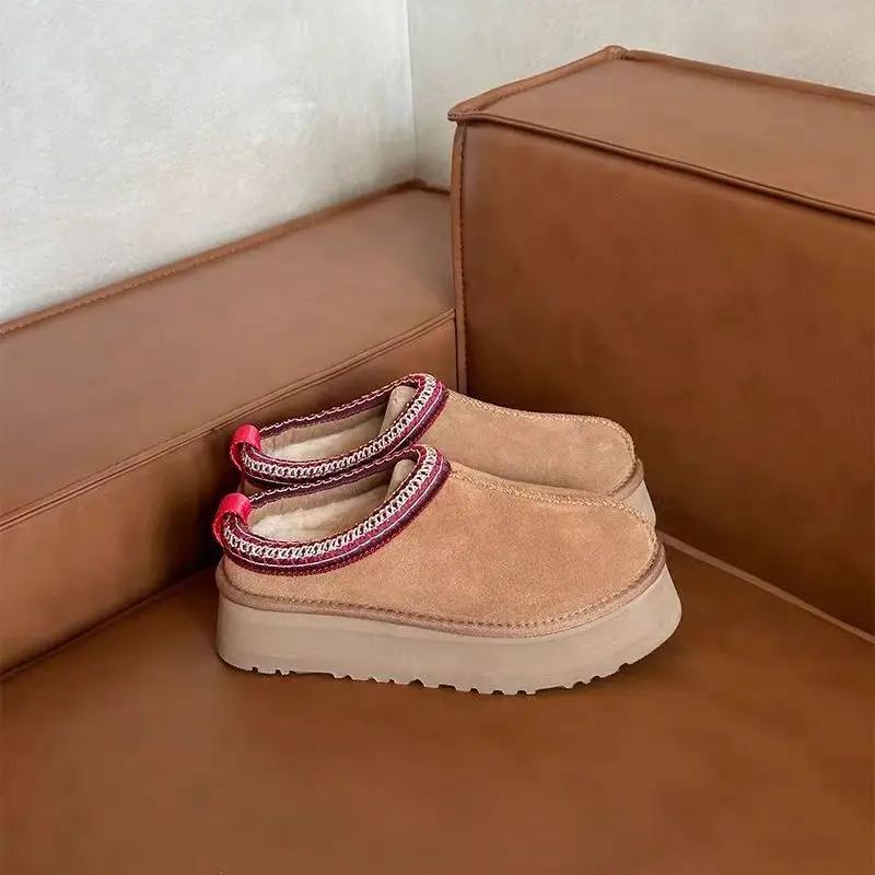 Luxury Designer Women Leather Suede Wool Comfort Style Leopard Platform Mules Embroidery Edge Winter Shoes Warm Fashion for Lady