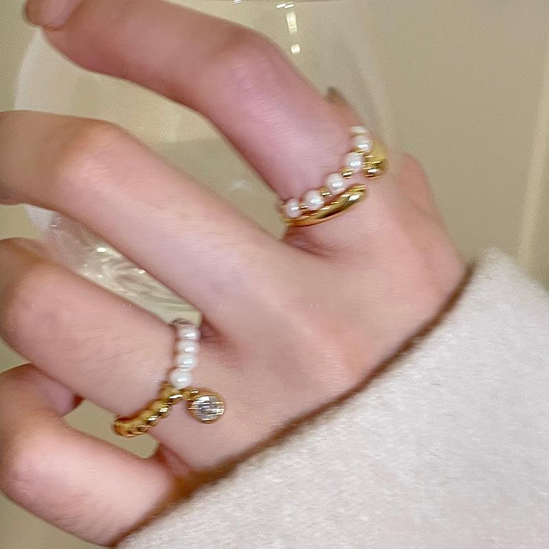 Electroplated pearl round bead elastic geometric opening ring three-piece light luxury niche index finger ring jewelry