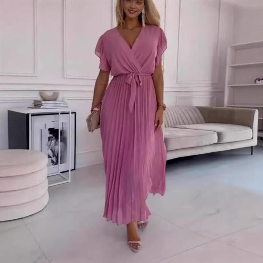 European & American Chic Beach Long Dress: Slimming Sexy Ruffle Sleeve Chiffon Pleated Skirt