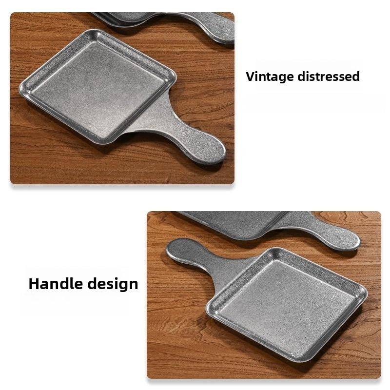 1PC Retro Stainless Steel Square Plate Creative with Handle Flat Bottom Plate Can Hold Fried Chicken Snack Tableware