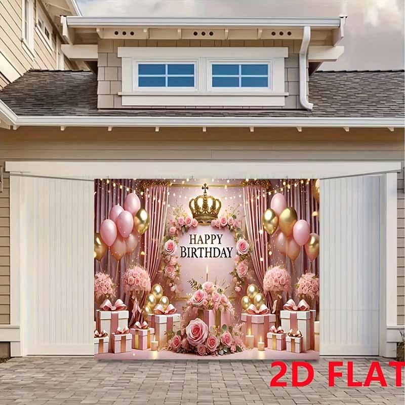 2D flat 1pc banner - Birthday Celebration Flag luxurious crown pink roses balloonszyc