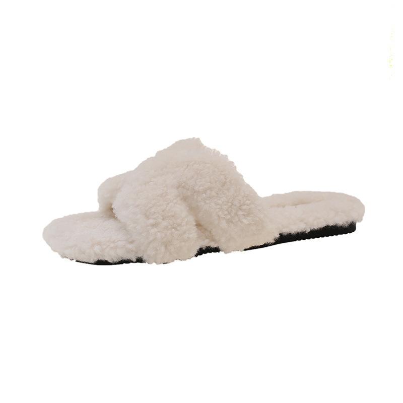 

Large size one-word fluffy slippers for women s outer wear 2025 new autumn and winter thick-bottomed indoor soft-bottomed fluffy cotton slippers 35
