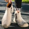 Men's Autumn Mid-top Casual Leather Boots with Side Zipper and Thick Sole