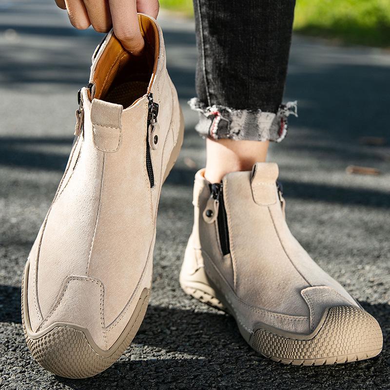 Men's Autumn Mid-top Casual Leather Boots with Side Zipper and Thick Sole