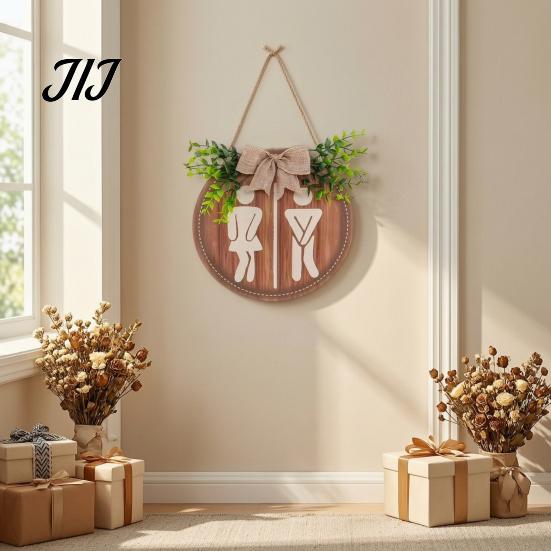 Wooden Hanging Sign for Home Restroom Sign, Men's And Women's Toilet Bathroom Wall Gender Neutral Round Rustic Farmhouse Plaque Washroom Decor