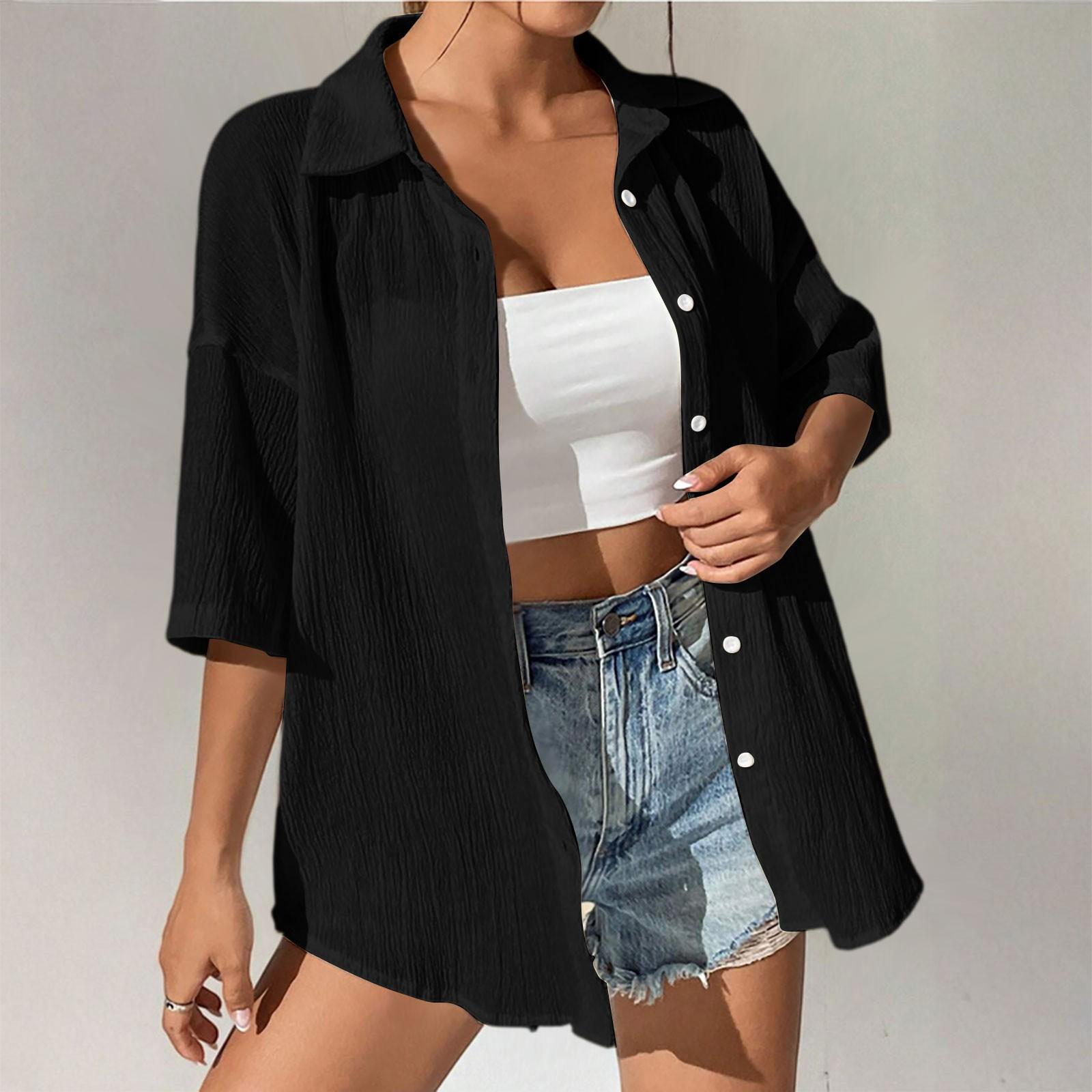 

Женская модная свободная рубашка с полурукавом однотонная повседневная защита от солнца L чёрный