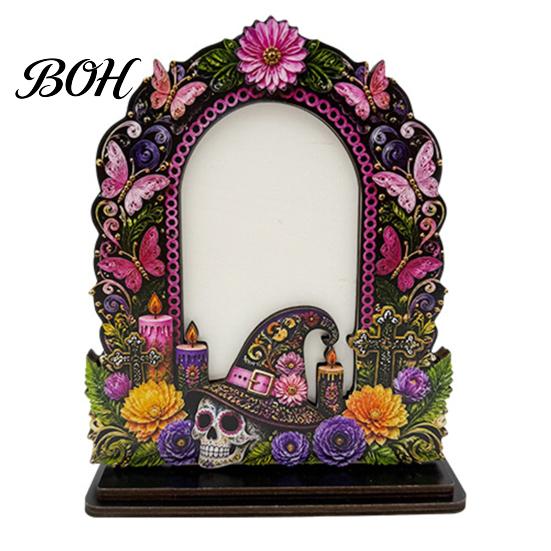 Unique Festival Gift Ideas Dia De Los Muertos Wooden Photo Frame Tabletop Decor, Day of The Dead Sugar Skull Ornaments Memorial Picture Holder