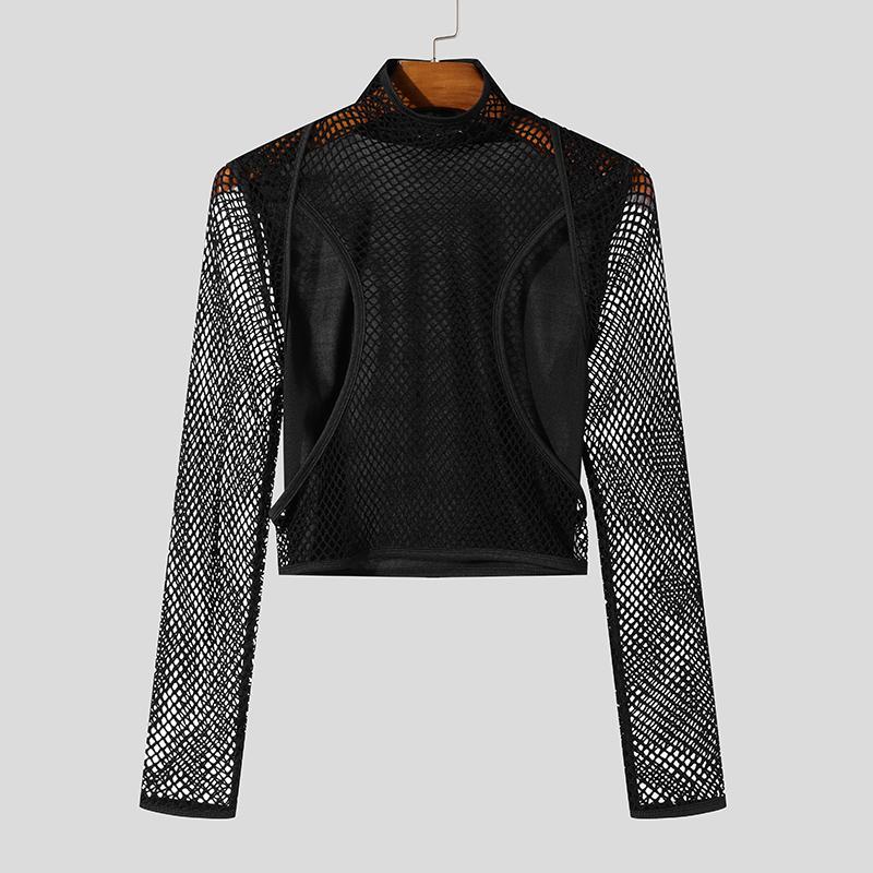 

INCERUN Мужские футболки с длинным рукавом и вырезом из сетки, прозрачные укороченные топы L чёрный