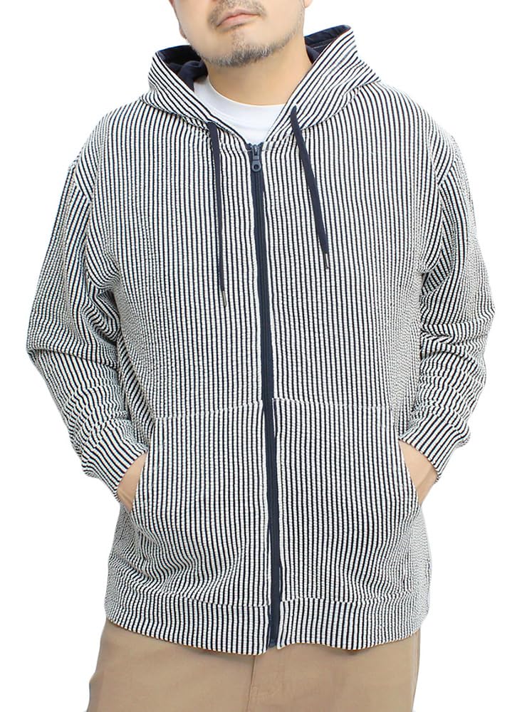 One Colors Men's Zip-Up Seersucker Stretch Summer Jacket, Short/Long Sleeve Hoodie, Size 5L, Striped (Long Sleeve)
