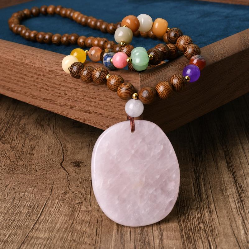 GemChic Women's New Vintage Wooden Beads Pink Natural Stone Pendant Long Necklace Ethnic Fashion Birthday Christmas Jewelry Gift