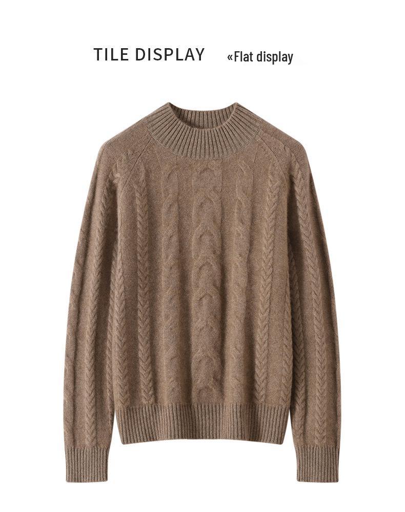 Women's Thick Cable-Knit Cashmere Pullover: Seven-Needle, Double-Strand, Half-High Neck, Raglan Sleeves, Casual Base Layer Top