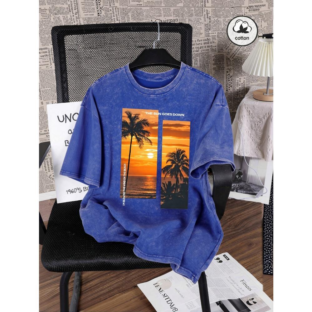Beautiful Coconut Tree Beach Scenery Print Women Washed T Shirt Cotton T-Shirts Vintage Loose Short Sleeves Sportswear