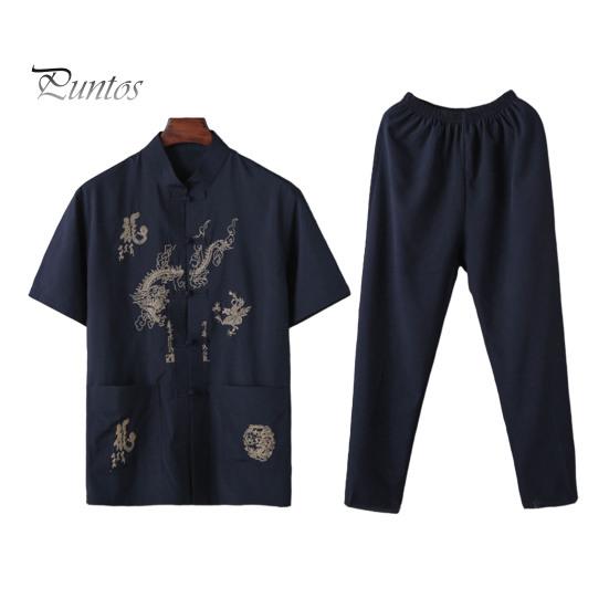 

2 шт./компл., повседневный костюм среднего возраста, китайский стиль, узор дракона, воротник-стойка, однобортный топ с короткими рукавами, длинные брюки с эластичной резинкой на талии XL темно-синий