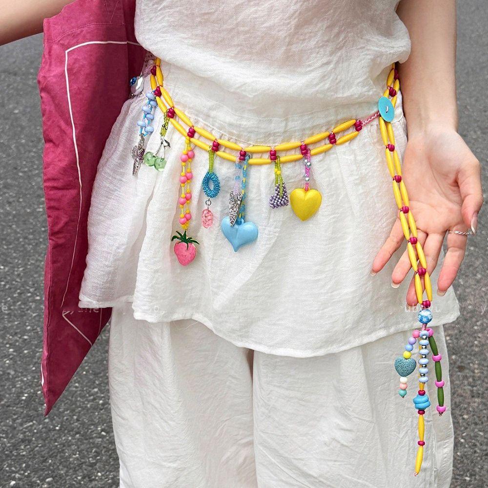 Y2K Dopamine Colored Beaded Waist Chain Hollow Out Bohemian Body Chain Metal Waist Chain  Summer