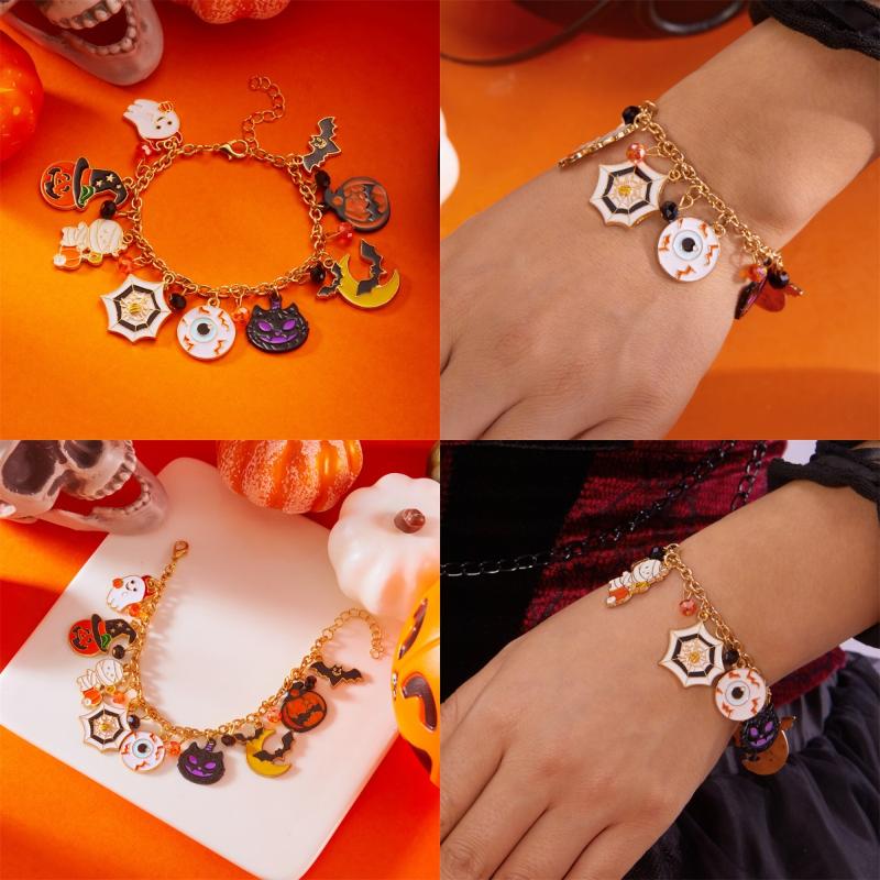 Halloween Funny Pumpkin Ghost Bracelet For Women Black Bat Spider Web Hat Metal Chain Bangles Hip Hop Punk Festival Jewelry Gift