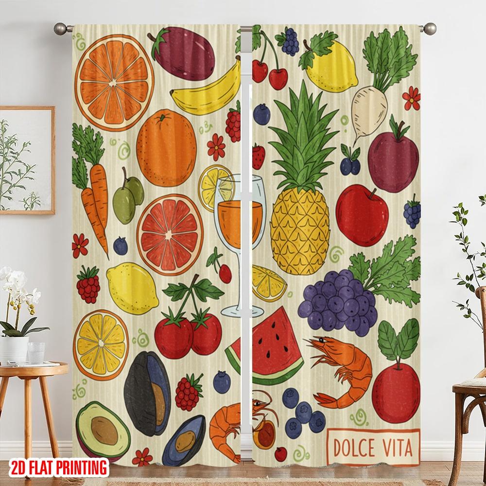 2pcs 2D flat printing Window Drapes Vibrant Fruit Fiesta 100% Polyester Without Electricity Seasonal Party & Holiday Decor