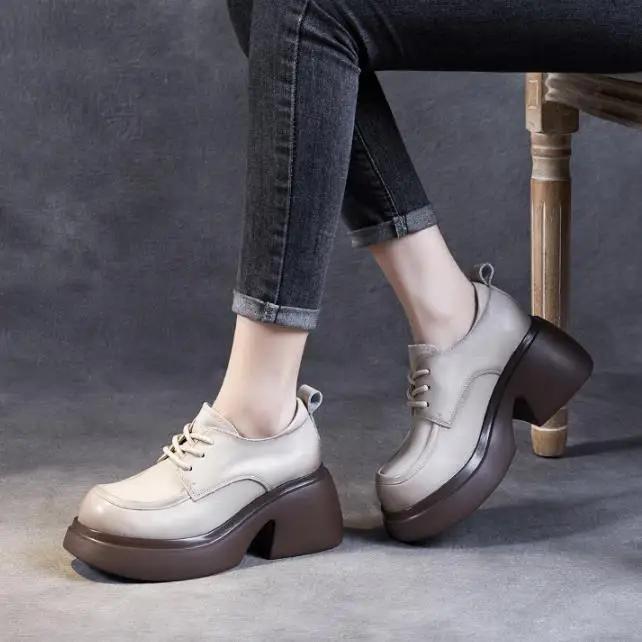 Fashion 7.5CM Fashion Women Flat Platform Shoes Spring AutumnRound Toe Back ZIP Genuine Cow Leather Academic Style Casual Loafers Female