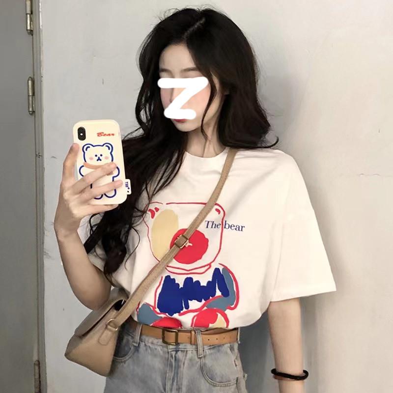 

2025 Summer Cotton Short Sleeve T-Shirt Women s Large Edition Loose Color Graffiti Bear Half-Sleeved Top M белый