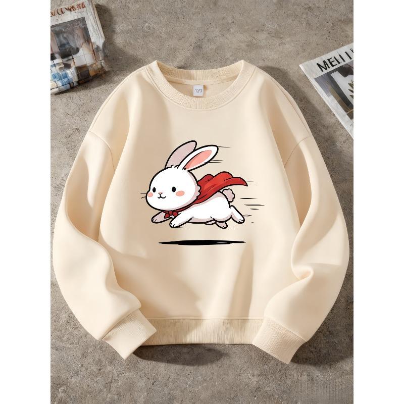 Kids Unisex Crewneck Sweatshirt, Cute Flying Super Bunny Red Cape Cartoon Print Long Sleeve Pullover, Soft Sweatshirt for Boys Girls Over 4 Years Old