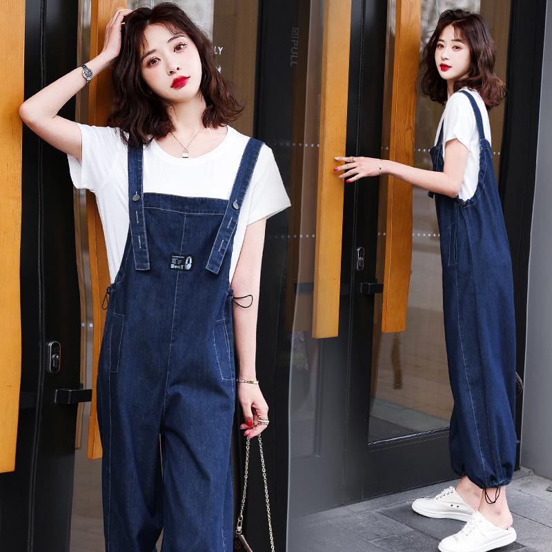 

Модные джинсовые брюки-костюм женские тонкие летние новые футболка с коротким рукавом комбинезон комплект из двух предметов L