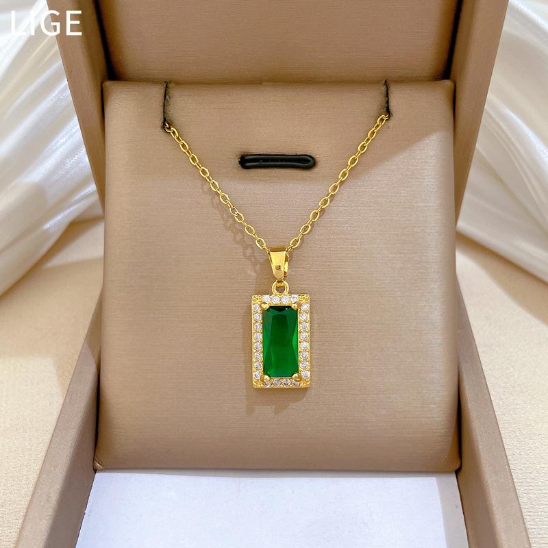 Titanium Steel, Green Small Square Light Luxury Temperament Gorgeous Full Diamond Necklace Women'S Versatile Collarbone Chain Titanium Steel Chain
